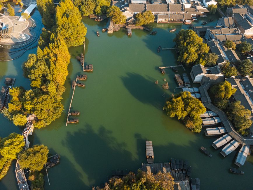 Stunning aerial photograph of Jiaxing's water town featuring scenic waterways and traditional architecture.